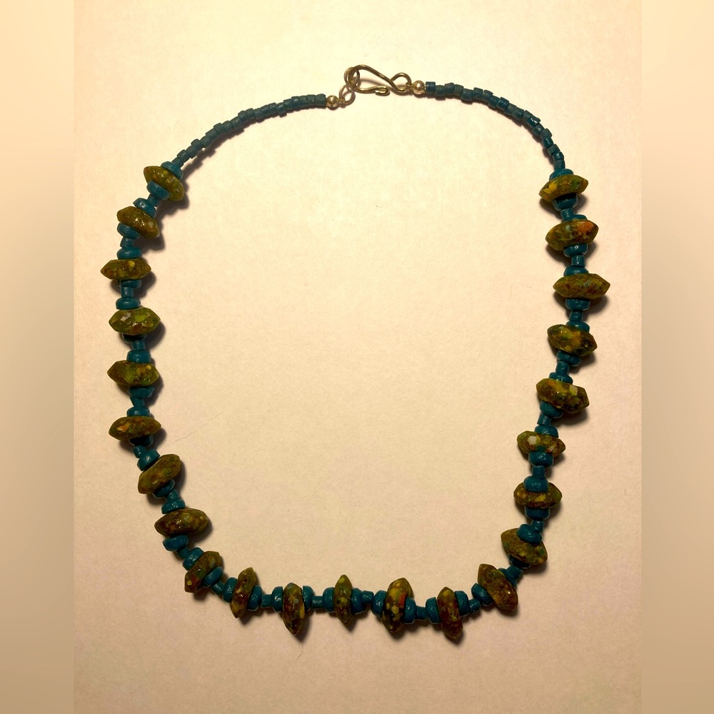 Handmade blue and green beaded necklace